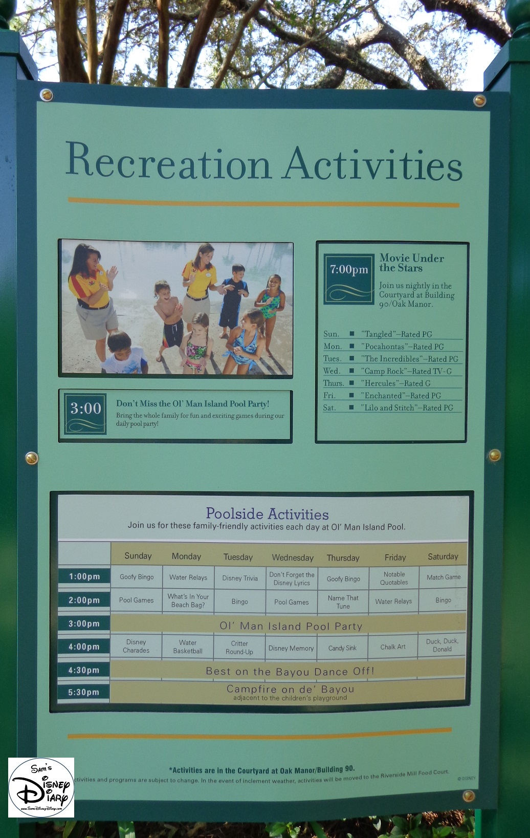 Port Orleans Riverside be sure to check the Recreation Activities schedule.