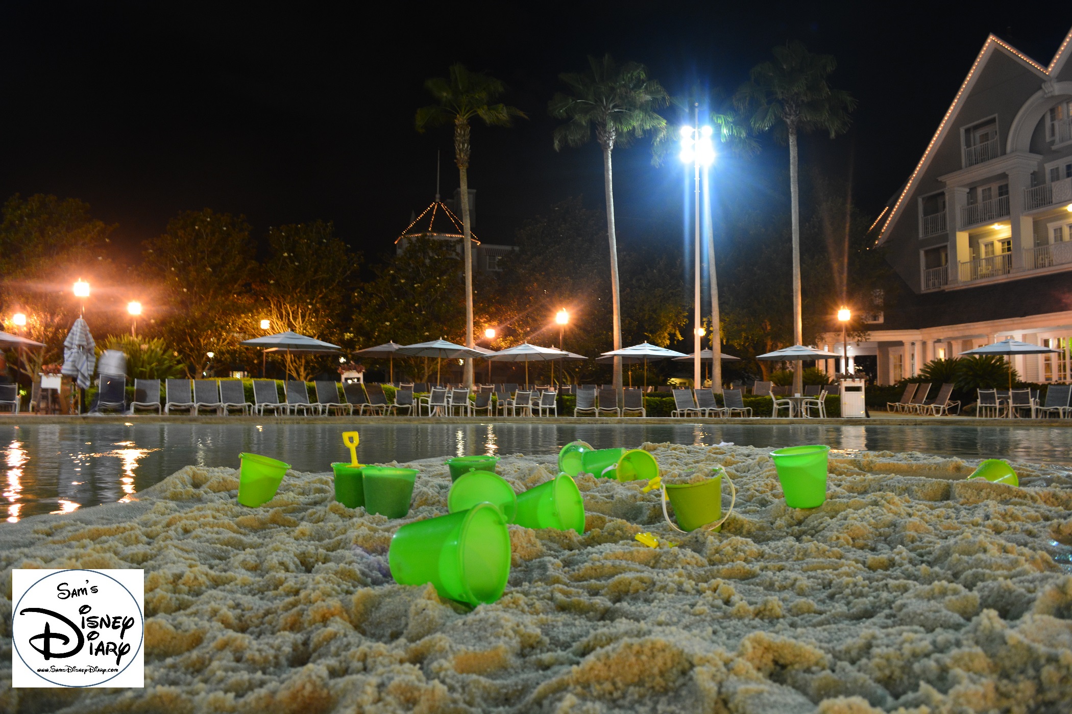 The sand bottom feature pool at stormalong bay. Kids Meals are served in the green buckets. Lots available for use.