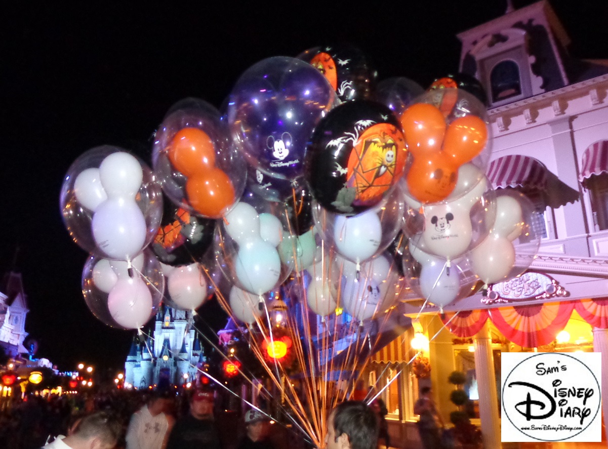 Party Balloons line Main Street USA ready for Mickey's No-So-Scary Halloween Party