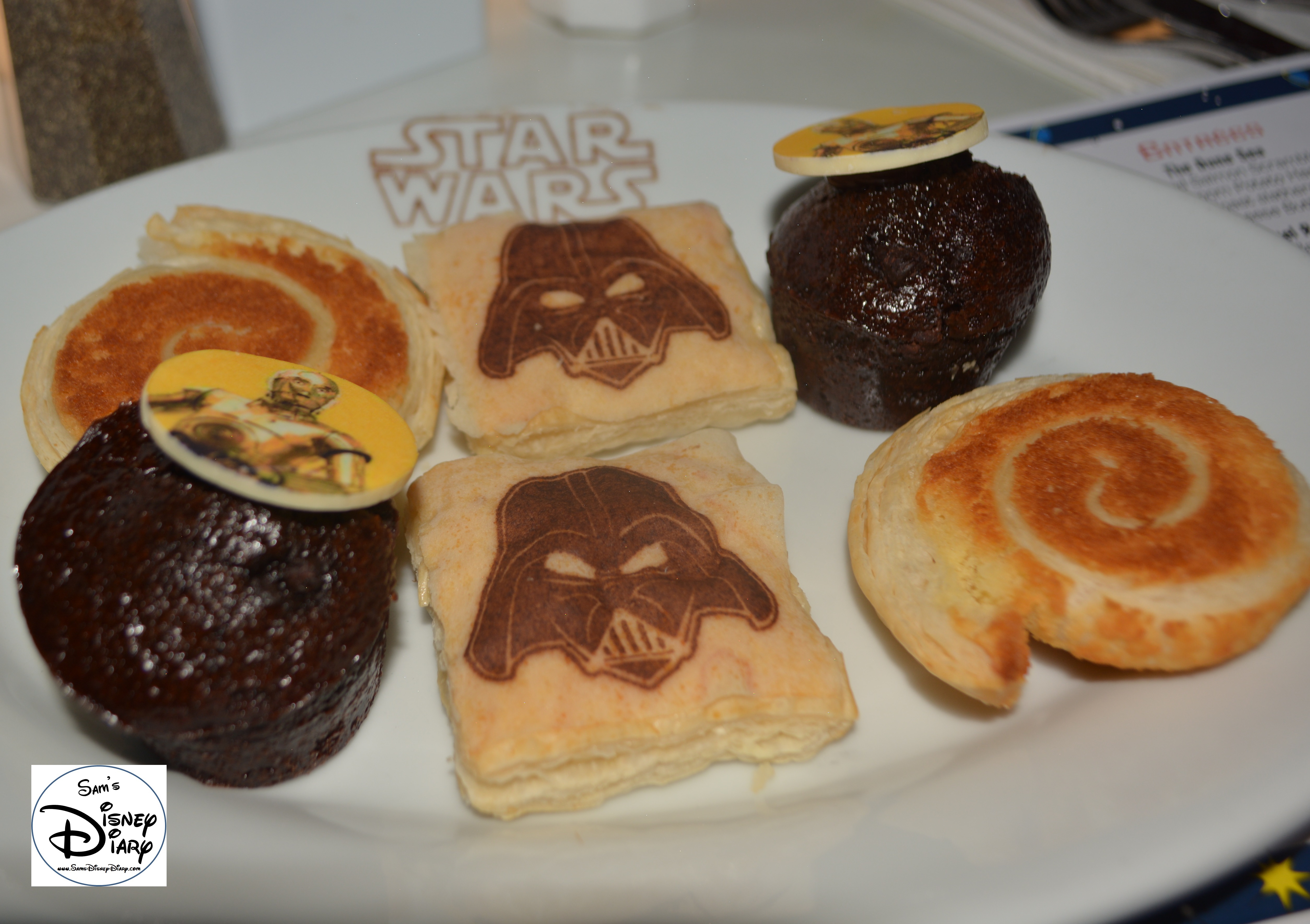 Star Wars Weekend Galactic Breakfast. Breakfast Pastries including Vanilla Cream Turnover, Almond Pastry, and Double Chocolate Muffin 
