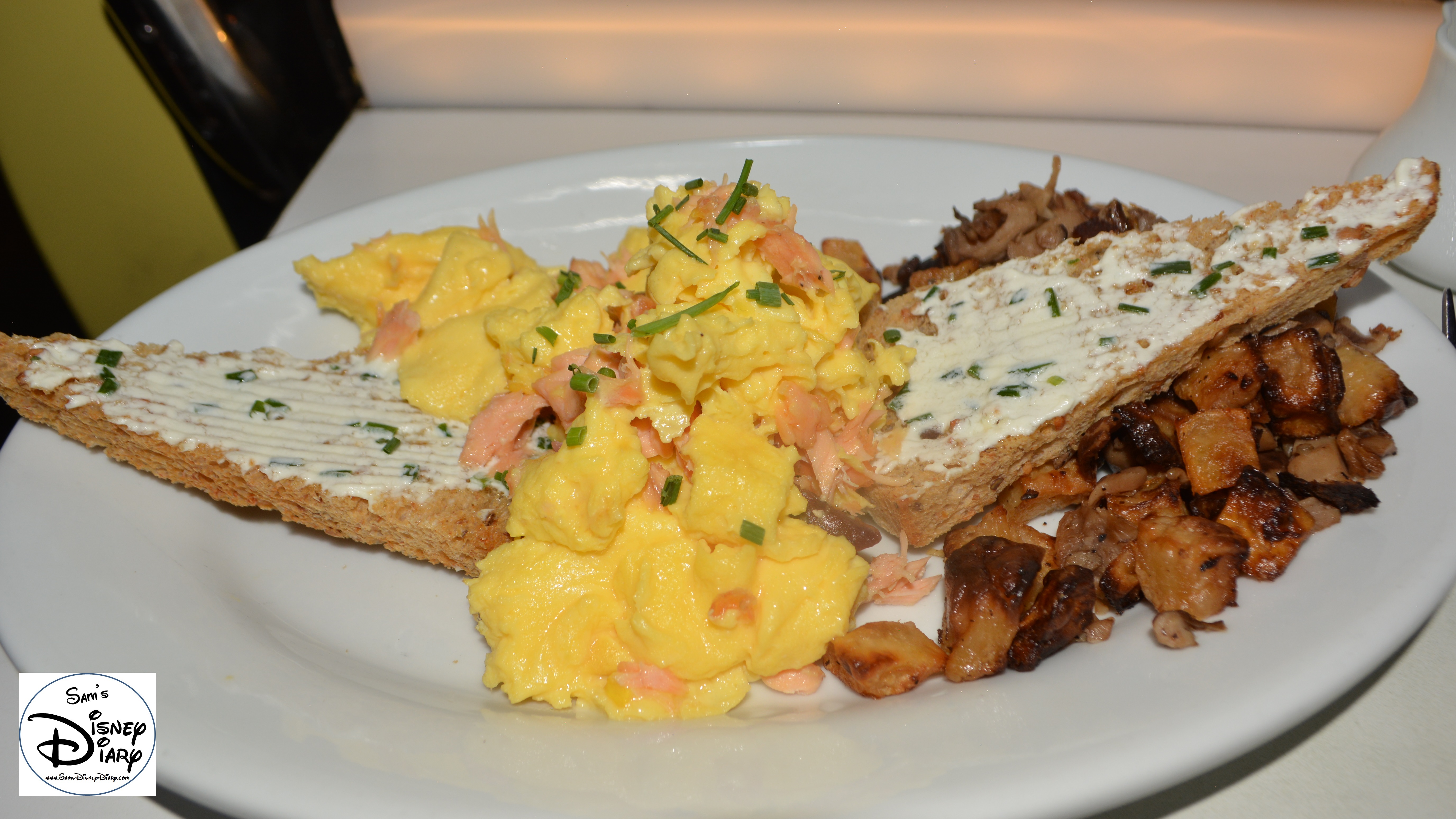 Star Wars Weekend Galactic Breakfast. The Dune Sea (House Smoked Salmon Scrambled Eggs, Wild Mushroom Potato Hash with Multi Grain Toast Slathered with Goat Cheese Butter