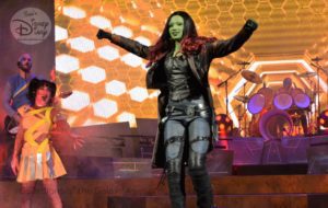 Gamora helps take guests on a musical journey during the Guardians of the Galaxy - Awesome Mix Live at Epcot. Summer 2018