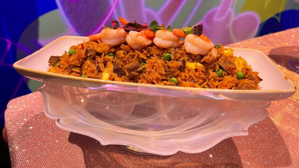 Veranda Fried Rice:  Spicy Chili-garlic shrimp served over pork fried rice with eggs and peas (Available at Jungle Navigation Co. LTD Skipper Canteen)
