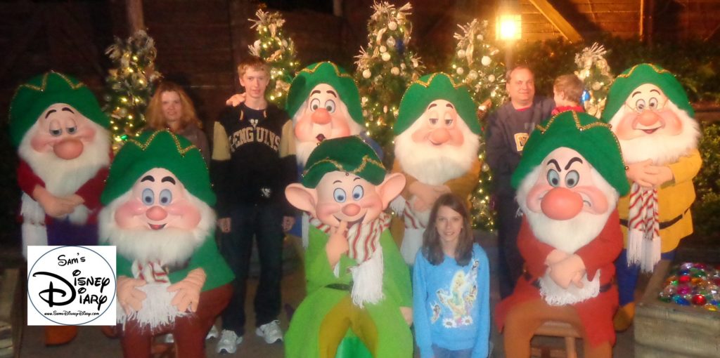 You’ll find all seven dwarfs near Splash Mountain; you can expect a long line for the dwarfs. You only see them together once or twice a year. No autographs here!