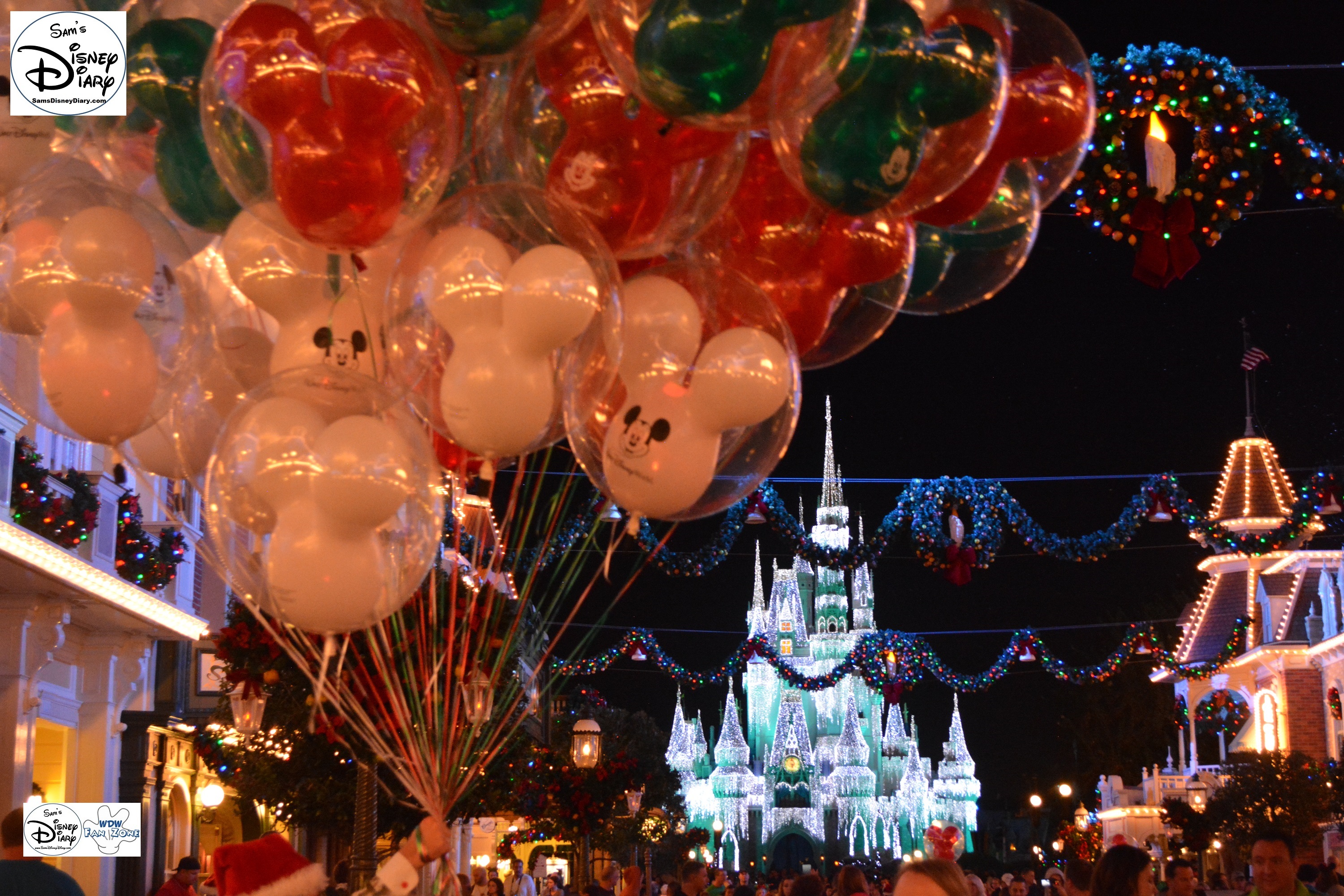 Sams Disney Diary #65 - Cinderella Castle Lights and Main Street Christmas Decorations as seen in 2013 - Before the Daily Festival of Fantasy Parade - The Parade required the decorations be changed to accommodate the large floats on main street.