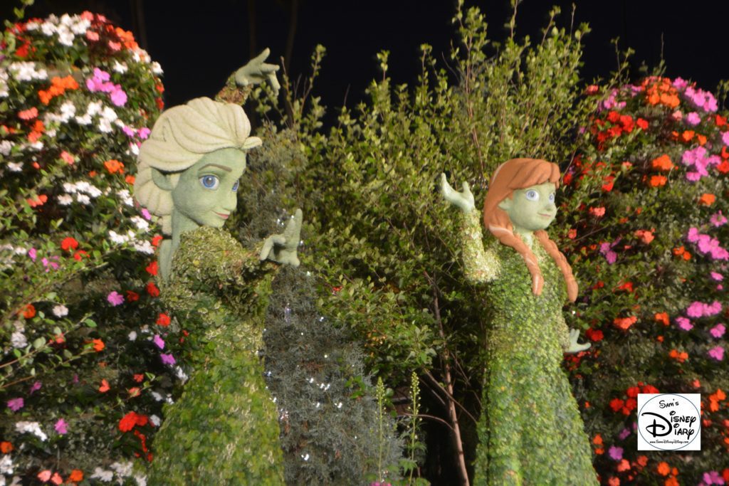 Epcot Flower and Garden Festival - Anna and Elsa Topiaries at night