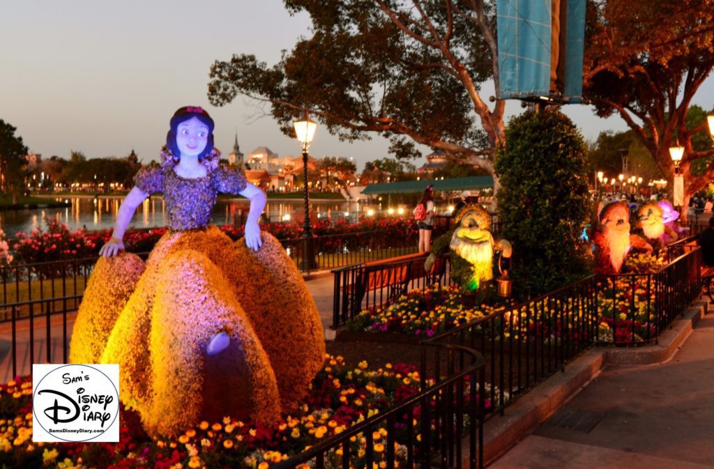 The 2017 Epcot International Flower and Garden Festival - Snow White at dusk, the lighting effects for all of the topiaries are beautiful