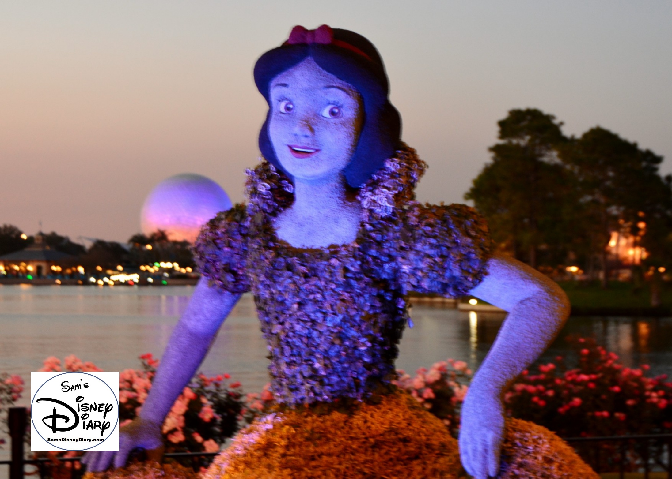 The 2017 Epcot International Flower and Garden Festival - Snow White at dusk, the lighting effects for all of the topiaries are beautiful