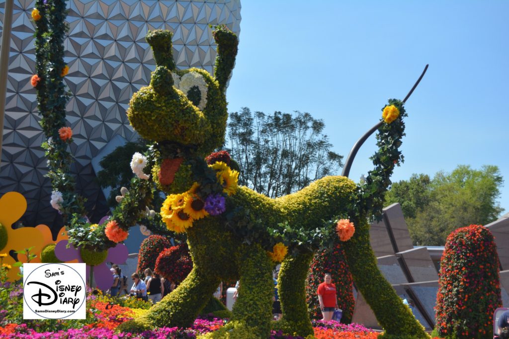 The 2017 Epcot International Flower and Garden Festival - The Entrance Topiary, Welcome to Spring Fun, Food and Flowers Pluto