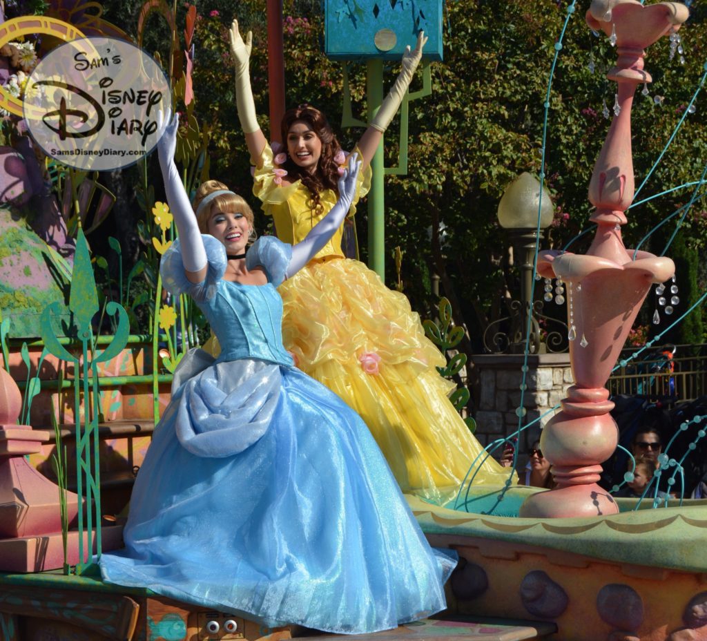 Cinderella and Bell on the Royal Princess Romantic Melodies float in Mickey's Soundsational Parade