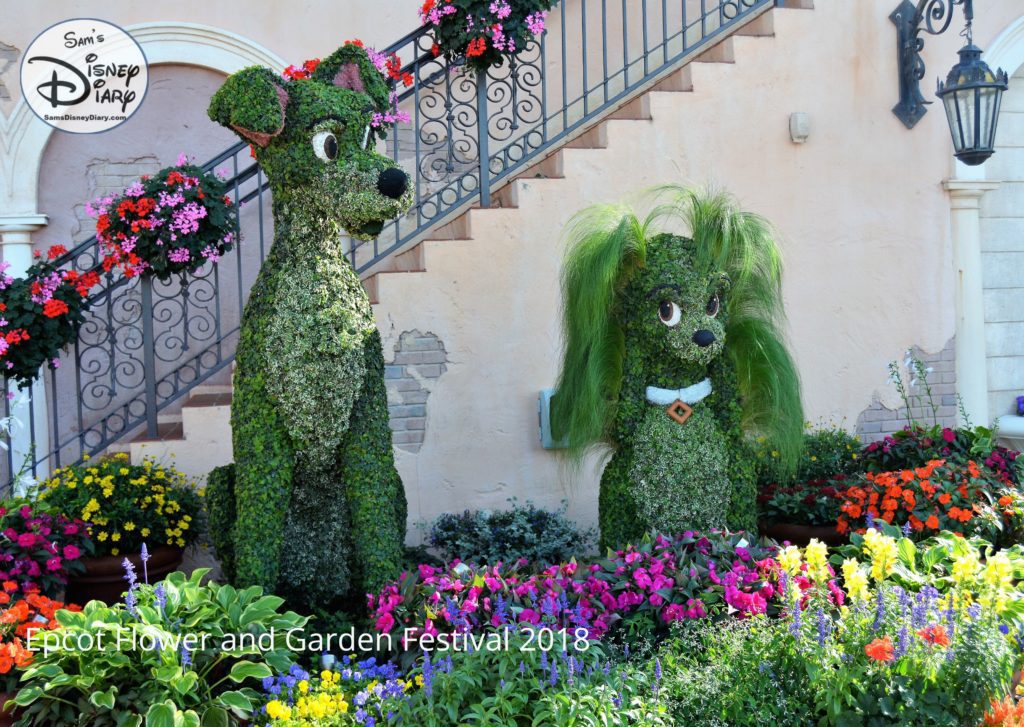 Sams Disney Diary Epcot Flower and Garden Festival 2018 - Topiaries - Lady and the Tramp near Italy