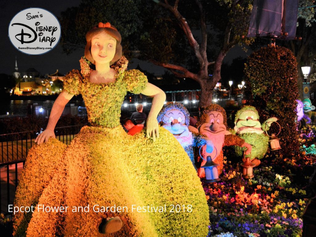 Sams Disney Diary Epcot Flower and Garden Festival 2018 - Topiaries - Snow White at night