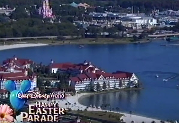 The 25th anniversary castle cake can be seen over the grand Floridian during the 1997 happy Easter parade
