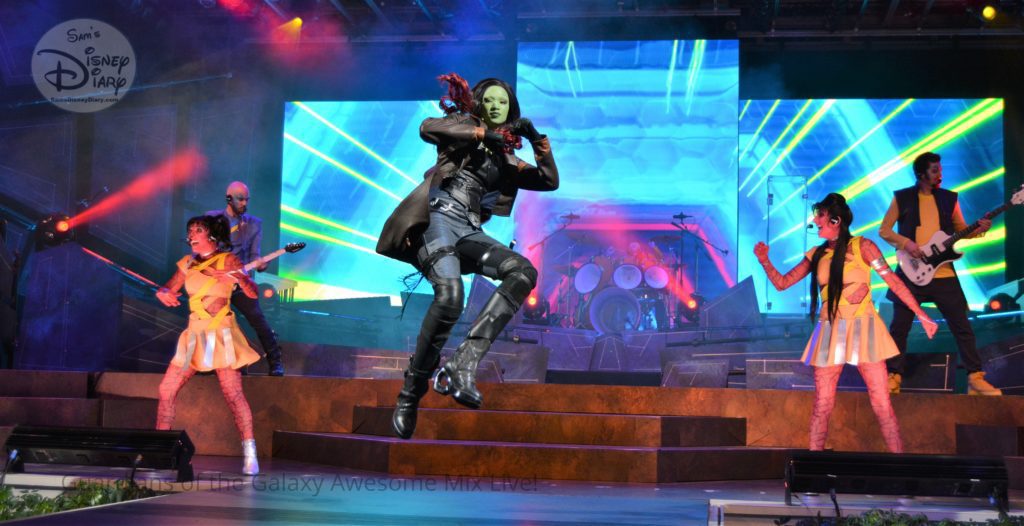 Gamora helps take guests on a musical journey during the Guardians of the Galaxy - Awesome Mix Live at Epcot. Summer 2018