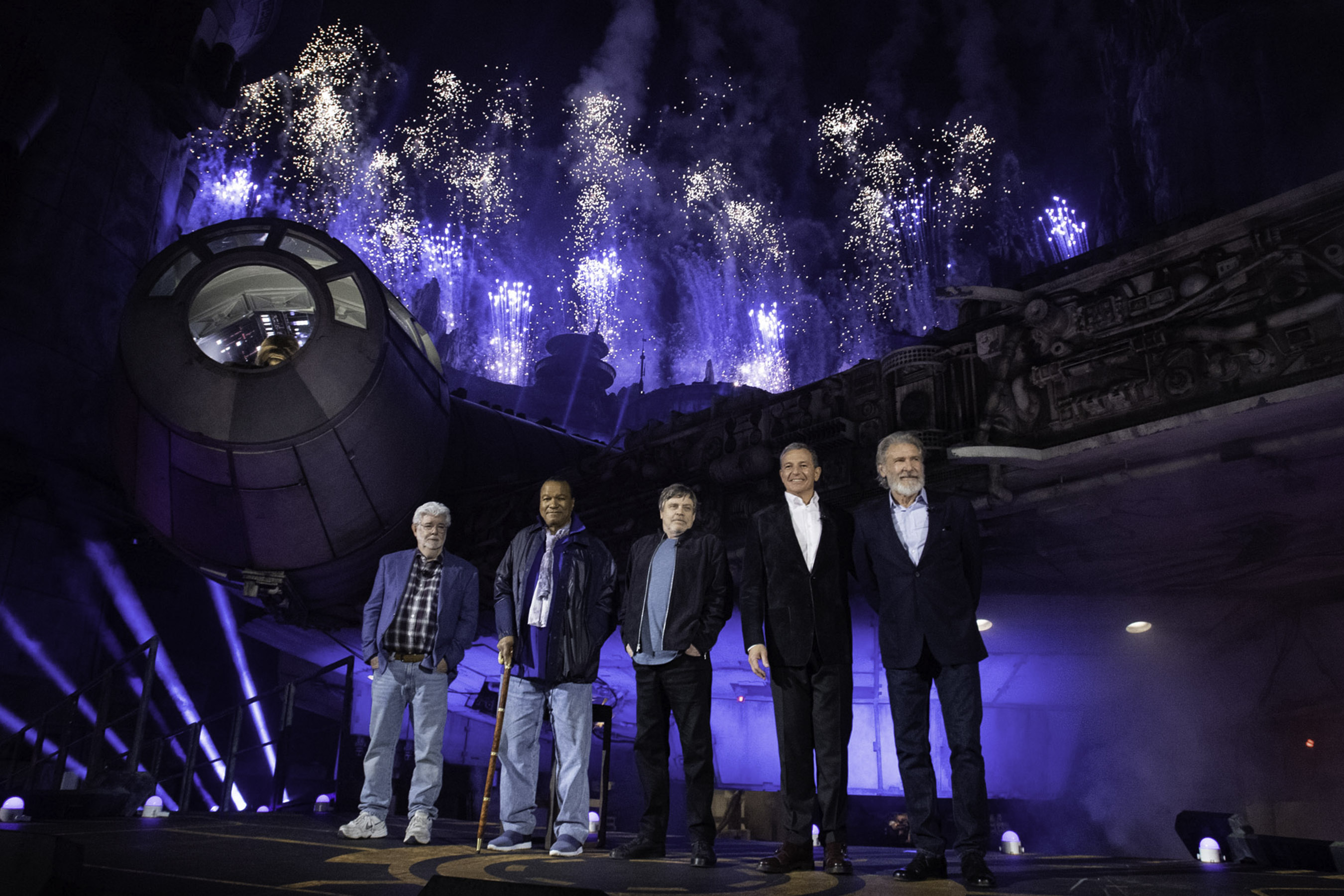 Star Wars: Galaxy’s Edge at Disneyland Park in Anaheim, California, lights up with galactic fanfare, May 29, 2019, as (l-r) Star Wars creator George Lucas, actors Billy Dee Williams, Mark Hamill, Walt Disney Company Chairman and CEO Bob Iger and actor Harrison Ford celebrate the opening Disney’s largest single-themed land expansion ever. Star Wars: Galaxy’s Edge opens May 31, 2019, at Disneyland Resort in California and Aug. 29, 2019, at Walt Disney World Resort in Florida. (Richard Harbaugh/Disneyland Resort)