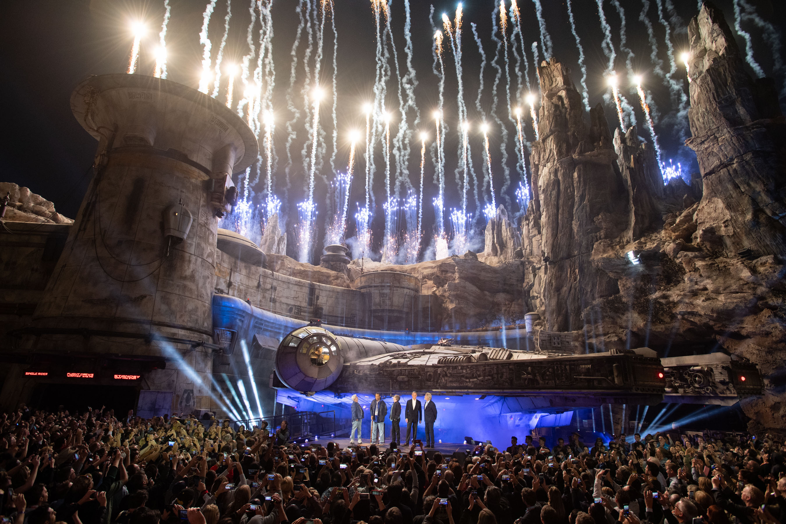 Star Wars: Galaxy’s Edge at Disneyland Park in Anaheim, California, lights up with galactic fanfare, May 29, 2019, as Star Wars creator George Lucas and actors Billy Dee Williams and Mark Hamill, Walt Disney Company Chairman and CEO Bob Iger and actor Harrison Ford celebrate the opening Disney’s largest single-themed land expansion ever. Star Wars: Galaxy’s Edge opens May 31, 2019, at Disneyland Resort in California and Aug. 29, 2019, at Walt Disney World Resort in Florida. ()Matt Petit/Disneyland Resort