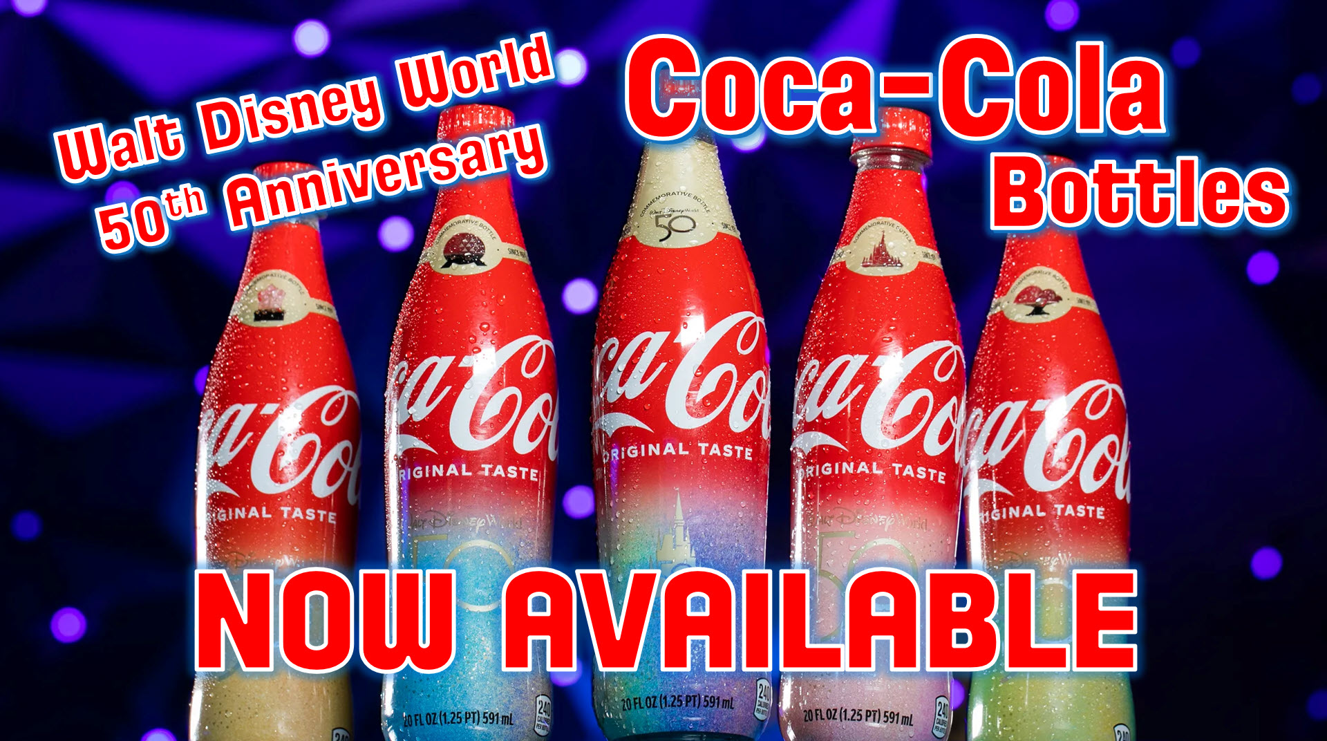 To celebrate the 50-year collaboration between Walt Disney World Resort and Coca-Cola, five unique co-branded collectible bottles are now available exclusively at the resort during the 50th Anniversary Celebration.