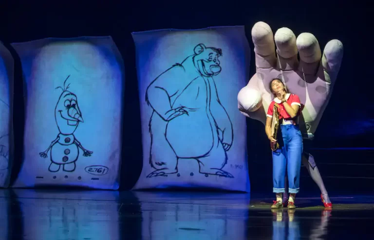 It seems very fitting that Drawn to Life presented by Cirque du Soleil and Disney, is celebrating its one-year “paper” anniversary at Disney Springs. After all, the show’s storyline centers on an animator’s drawing desk, a magical pencil, an unfinished animation sketch, and an antagonist who resembles a crumpled piece of paper.