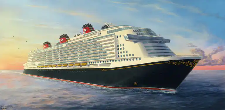 Early artist concept rendering depicts a new Disney Cruise Line ship in the iconic, Mickey Mouse-inspired colors of the fleet. Disney announced the acquisition of a partially completed ship that will bring the magic of a Disney vacation to new global destinations. The ship will be renamed with certain features reimagined under the world-renowned expertise of Walt Disney Imagineers. It will be based outside the United States. (Disney)