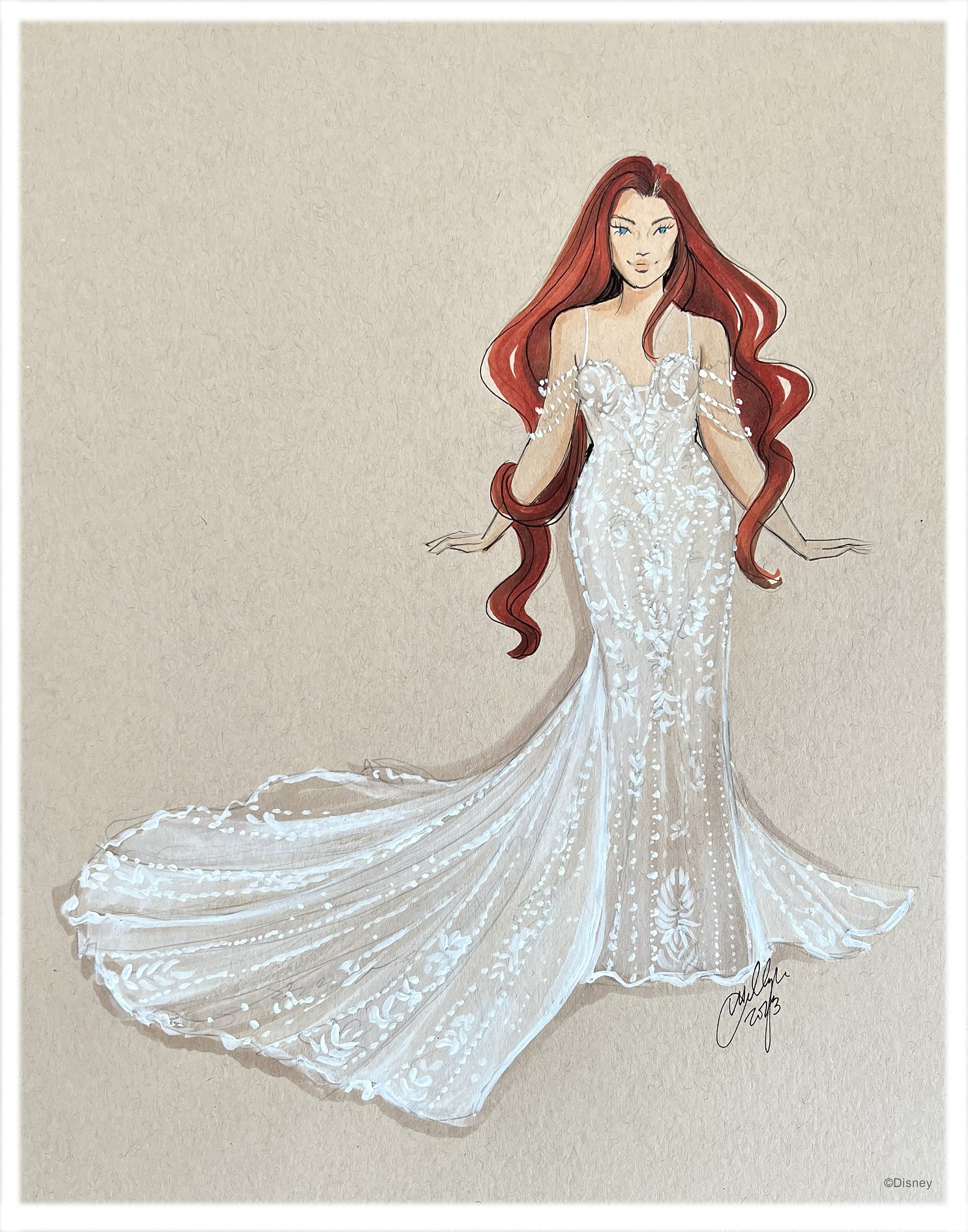 Illustrated by Holly Nichols, the Ariel Platinum gown features a sheath silhouette with ocean-inspired pearlescent off-shoulder drape, accented by a sweetheart neckline and v-back.