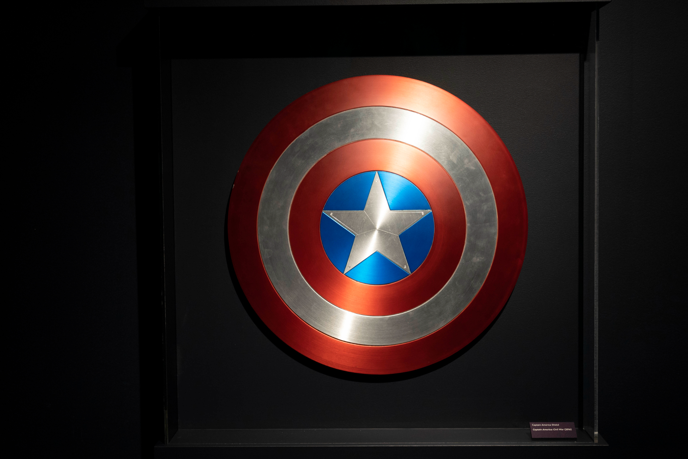 Captain America shield used in Captain America: Civil War (2016) on display at Disney100: The Exhibition, now open at The Franklin Institute in Philadelphia. ©MARVEL