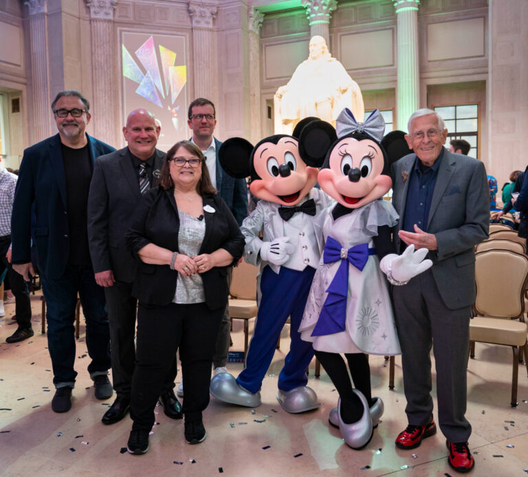 Mickey and Minnie with Disney Legends (L to R): Disney Legend Don Hahn, Walt Disney Archives and D23: The Official Disney Fan Club Vice President Michael Vargo, Walt Disney Archives Director Becky Cline, Semmel Exhibitions Executive Producer and Director Christoph Scholz, Mickey Mouse, Minnie Mouse, Disney Legend Bob Gurr