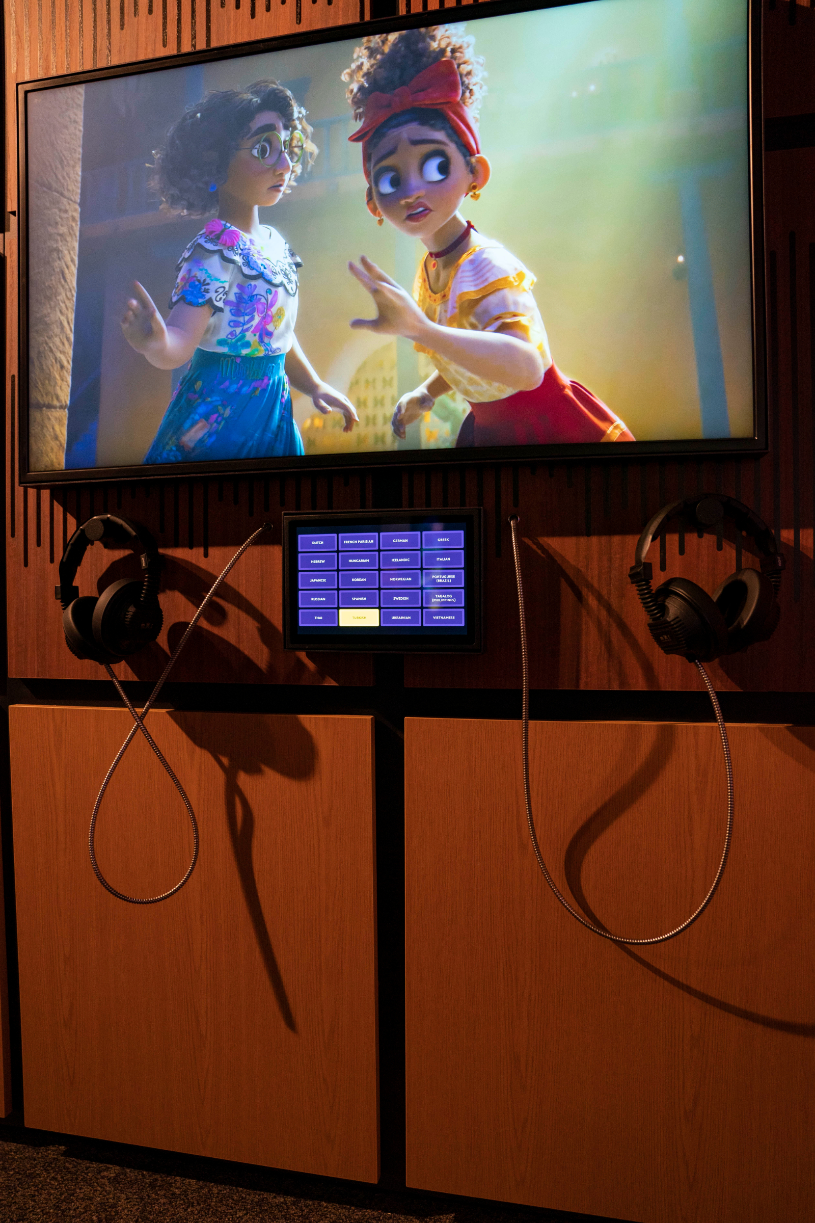 International music interactive for “We Don’t Talk About Bruno” from Encanto (2021), where guests can select which language they’d like to listen to inside The Magic of Sound and Music gallery at Disney100: The Exhibition, now open at The Franklin Institute in Philadelphia. ©Disney