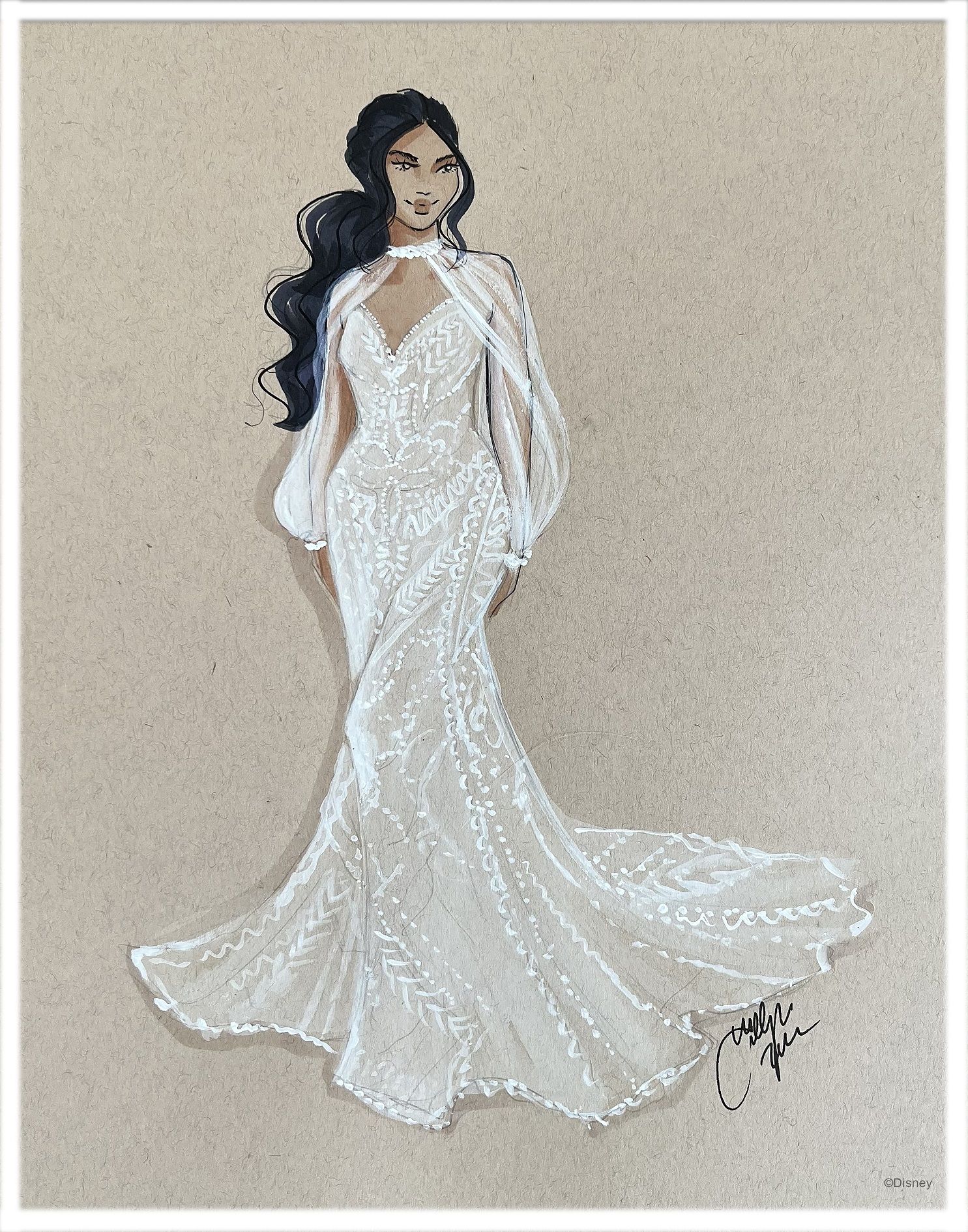 Illustrated by Holly Nichols, this gown inspired by Disney's Princess Jasmine, features elegant sheer tulle sleeves and beaded detailing along both the cuff and collar.
