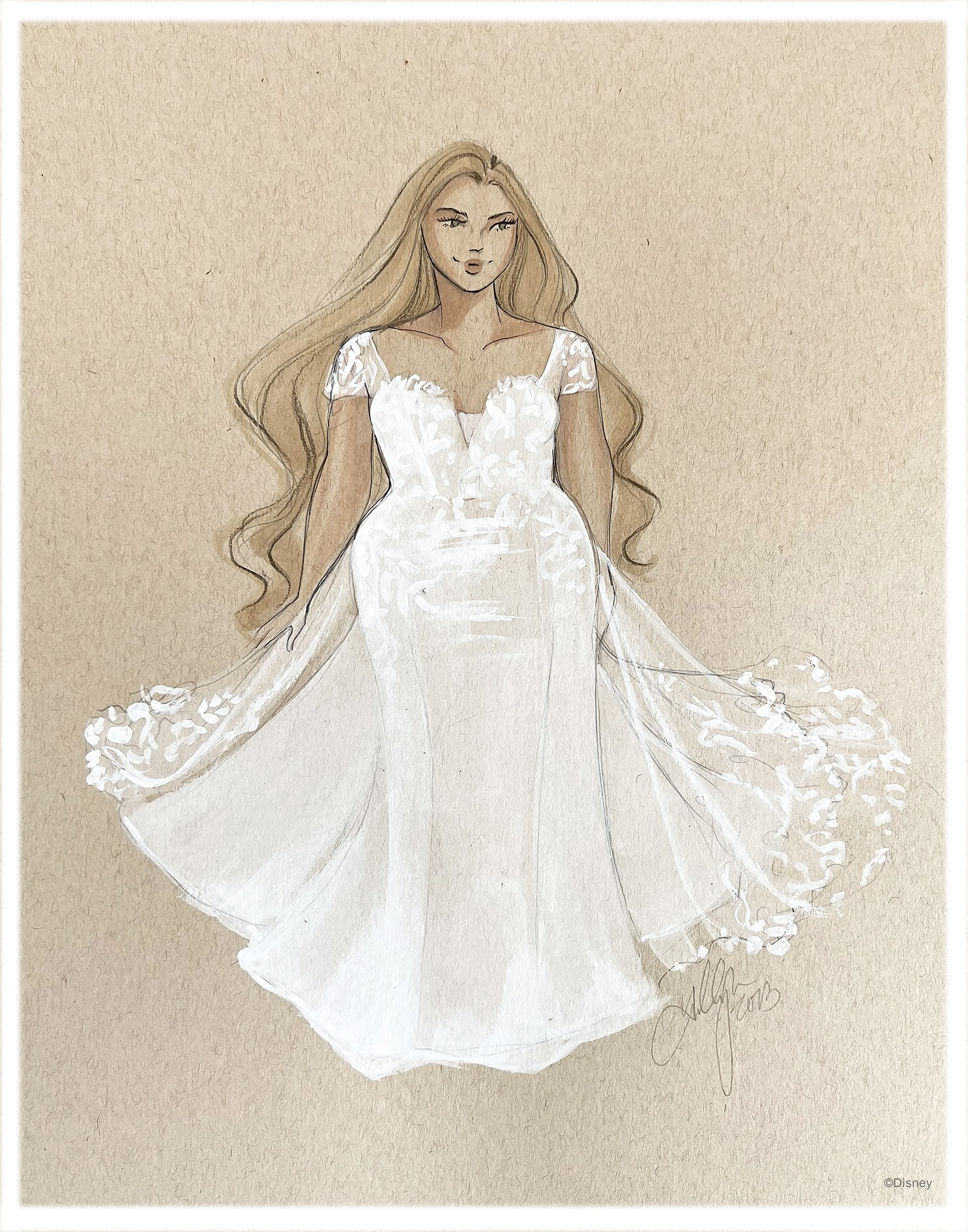 Illustrated by Holly Nichols, this crepe fit and flare gown is inspired by Rapunzel’s artistic spirit, featuring a sweetheart neckline with matte lace detailing contrasted against the illusion fabric seen on the sleeves, along the bodice and illusion train providing a subtle nod to the signature Sun Drop Flower.
