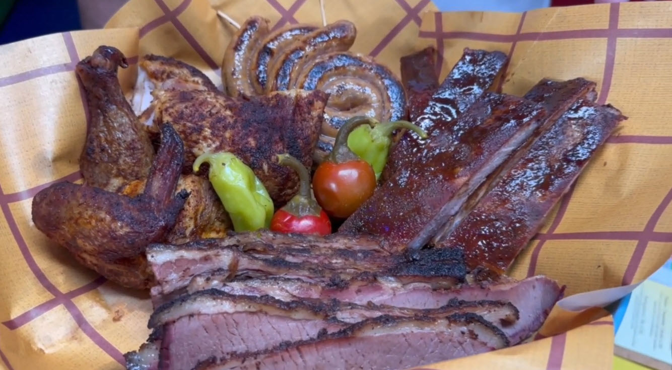 Toy Story Land Roundup Rodeo BBQ - Meat Platter Evil Dr. Smoked Ribs, Buttercup's Beef Brisket, There's a Sausage in My boot (Fire-Grilled Pork Sausage) BBQ Chicken with Style.