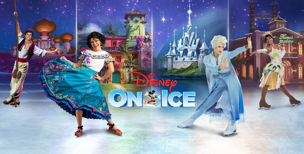 Four people dressed as Disney characters are posing on ice while wearing skates. (From left to right) Aladdin, from Aladdin, is swinging on a rope in front of a picture of a white castle with gold domes on top while he wears loose beige pants, a red belt, white shirt, a purple vest, red hat, and skates that look like brown sandals with one hand on the rope and the other held out as he smiles. Mirabel, from Encanto, is wearing a white top with flowers and a ruffle featuring black trim, a blue skirt with pink, purple, and green flowers, and skates that look like red and yellow flat shoes. She is standing in front of a picture of the orange, pink, green, and purple house from Encanto. Elsa, from Frozen, stands in front of a picture of her ice castle with one leg bent and her hands aimed to the side while wearing light blue trousers, a light blue shirt robe that buttons at the waist and white skates. Tiana, from Princess and the Frog stands in front of a picture of a brown building that says “Tiana’s Palace” in green while she wears a strapless dress with a white flower and gold tool along with skates that blend into her leg. “Disney On Ice” is written in the middle of the picture, between Mirabel and Elsa. The word “Disney” is in red and “On Ice” is in a font that looks like ice. Mickey stands between the words “On Ice” with his hands out.