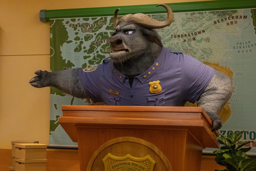 Chief Bogo animatronic within Zootopia: Hot Pursuit Attraction at Shanghai Disney Resort's newest attraction