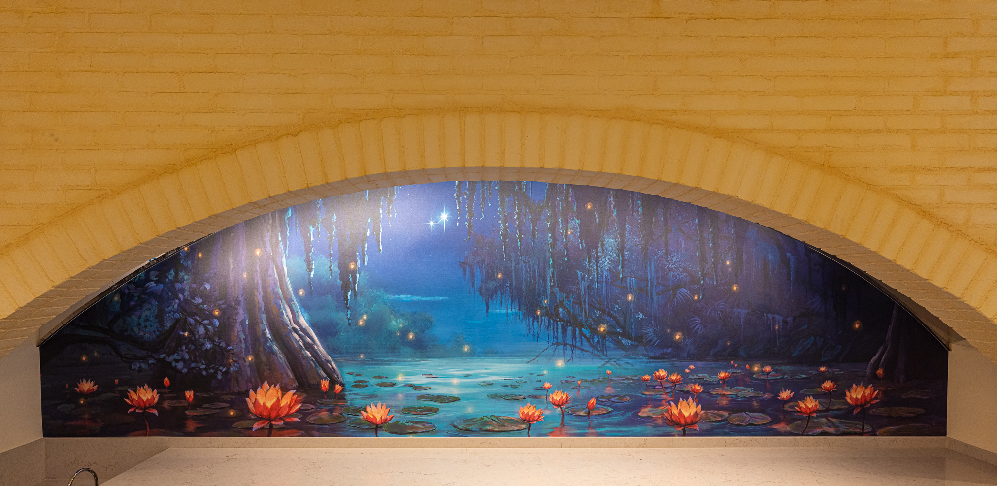 Guests will find a mural of the bayou inside of Tiana’s Palace, which will open in New Orleans Square at Disneyland Park in Anaheim, Calif., on Sept. 7, 2023. Inspired by the Walt Disney Animation Studios film “The Princess and the Frog,” the reimagined quick service restaurant will serve authentic New Orleans flavors inspired by Tiana’s friends and adventures. While Tiana’s Palace is not a character dining location, guests may find Tiana in New Orleans Square. (Christian Thompson/Disneyland Resort)