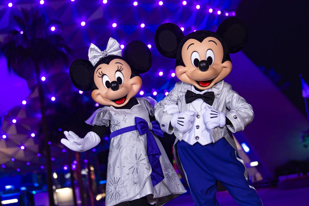 To honor 100 years of magic, guests can meet Mickey and Minnie in their new, dazzling platinum outfits later this year at EPCOT, the home of the Disney100 celebration at Walt Disney World Resort in Lake Buena Vista, Fla. (Abigail Nilsson, Photographer)