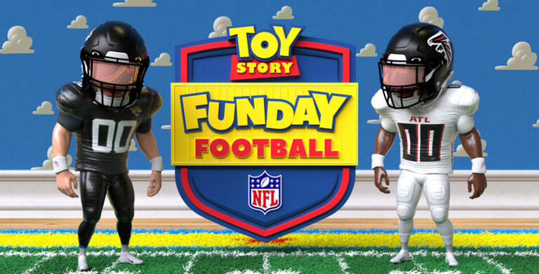 The logo for Toy Story Funday Football is flanked by an animated Jacksonville Jaguars player and an animated Atlanta Falcons player. They are standing on a grassy football in Andy