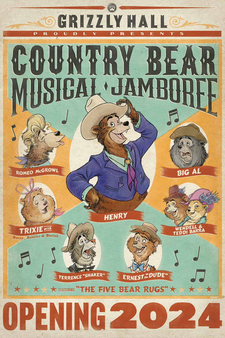 At Walt Disney World, the Country Bear Jamboree is getting new songs and the bears will be performing a new act in 2024! The Country Bear Jamboree will still have the fun and friendly tone fans enjoy with the same famous characters like the loveable Trixie, Big Al and others.