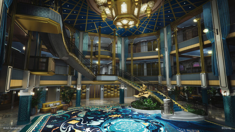 The Grand Hall of the Disney Treasure, Disney Cruise Line’s newest ship, will radiate the irresistible allure of adventure, inviting guests to seek all the treasures on board from the moment they embark. Inspired by the grandeur and mystery of a gilded palace, it draws on real-world influences from Asia and Africa and pays homage to the far-off land of Agrabah from Walt Disney Animation Studios’ classic tale, “Aladdin.” (Disney)