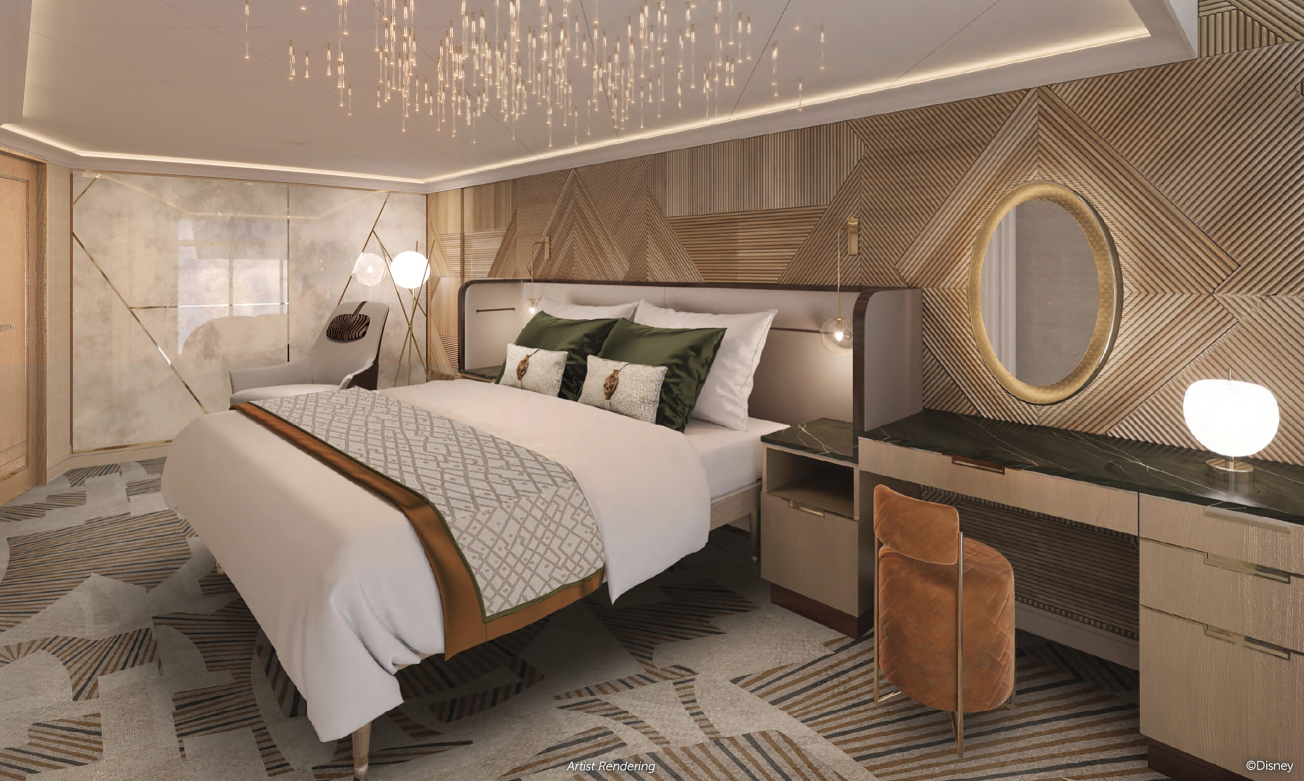 The adventure-inspired accommodations aboard the Disney Treasure will extend to four royal suites that pay tribute to the faithful feline companions of daring Disney characters. The upscale designs include the Bagheera Royal Suites, honoring the noble panther from “The Jungle Book” and the lush forests he calls home. (Disney)