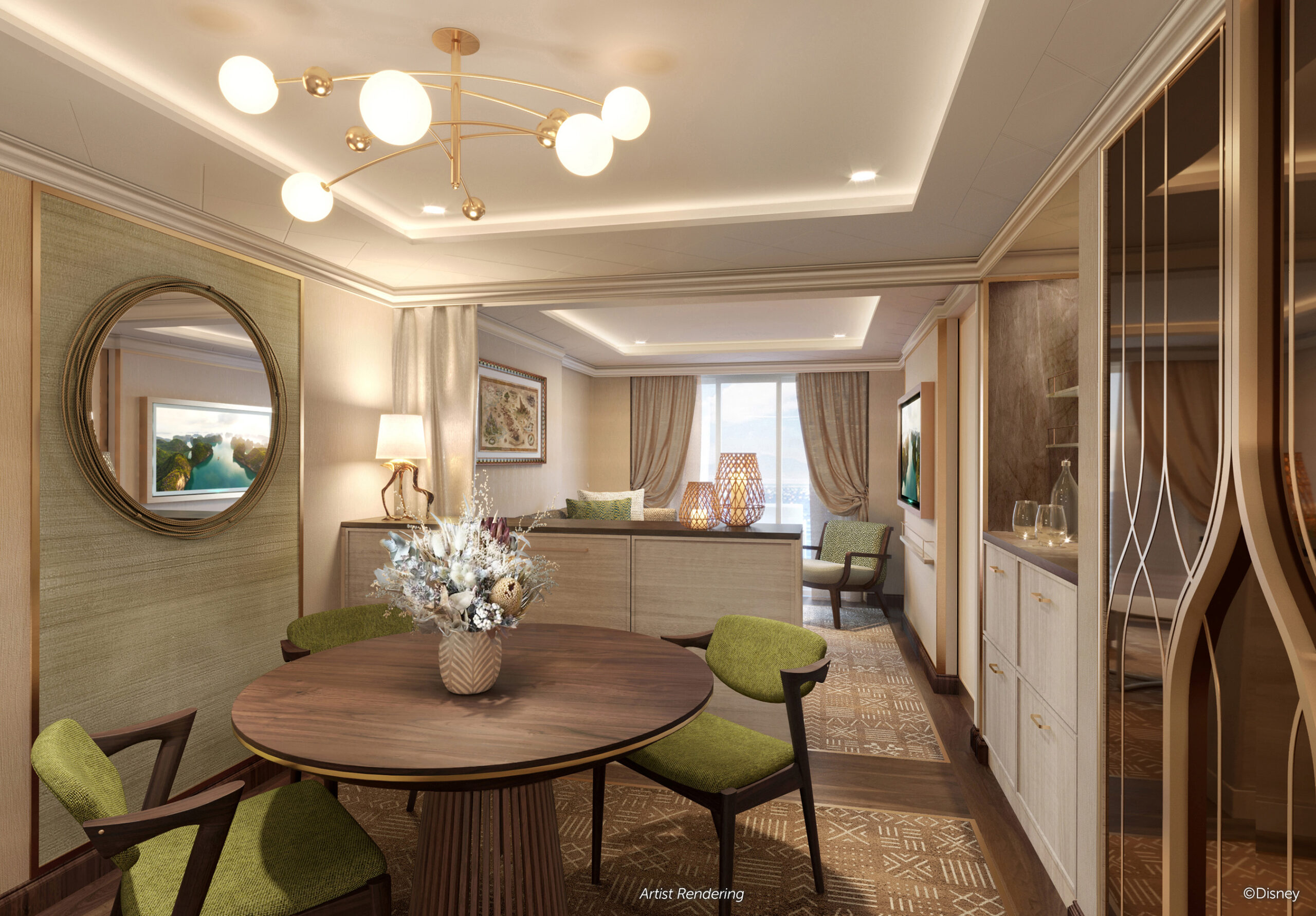 Disney Treasure’s concierge level suites will feature elegant interiors inspired by the majestic grasslands Simba calls home in Walt Disney Animation Studios’ “The Lion King.” The design will feature themed artwork, mosaics and a harmonious color scheme, and the staterooms and suites will offer an exclusive concierge lounge with a private sun deck. (Disney)
