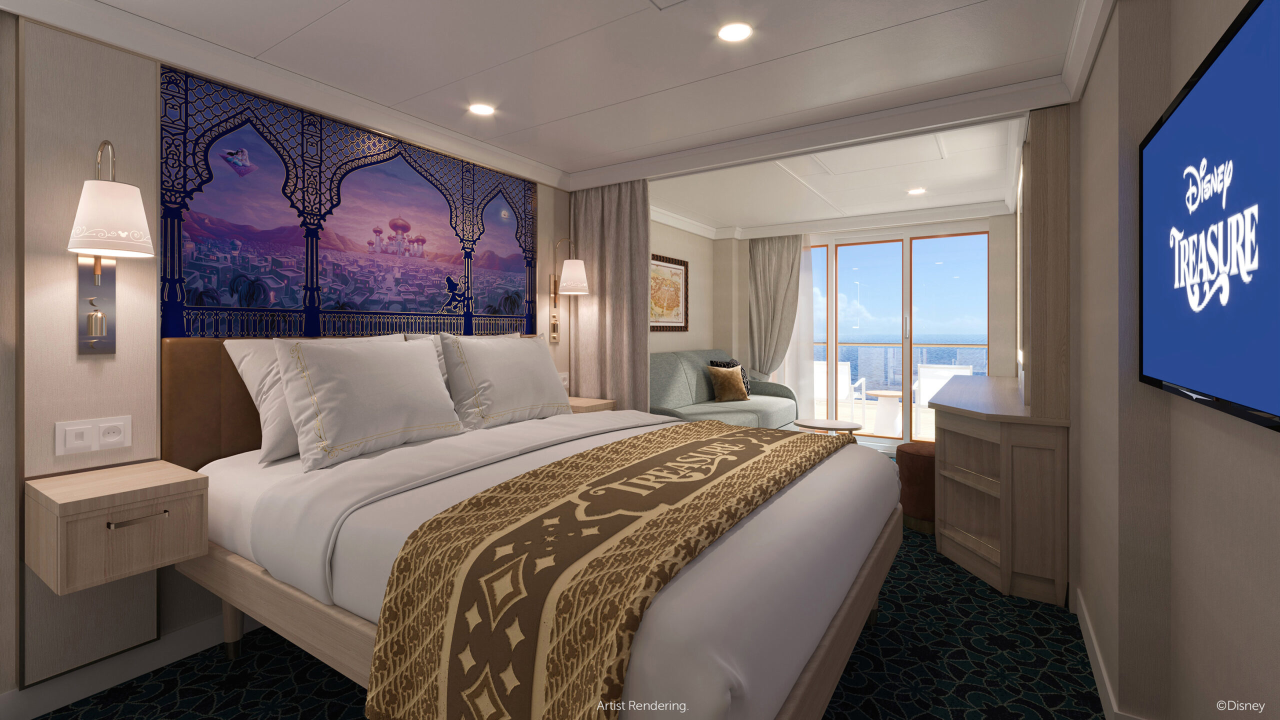 The luxurious accommodations aboard Disney Cruise Line’s newest ship, the Disney Treasure, will strike an inviting balance between modern design and nostalgic charm with a fresh, natural color scheme and custom artwork that entices guests to peer beyond their staterooms into fantastical worlds from heartwarming Disney adventures. (Disney)