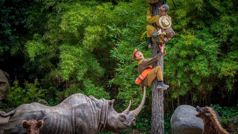 A safari of explorers from around the world finds itself up a tree after the journey goes awry on the world-famous Jungle Cruise at Disneyland Park. Officially reopening on July 16, 2021, Jungle Cruise will offer new adventures, an expanded storyline and more humor as skippers take guests on a tongue-in-cheek journey along some of the most remote rivers around the world. The new creative concept is original to Walt Disney Imagineering, just like the classic attraction itself. (Christian Thompson/Disneyland Resort)