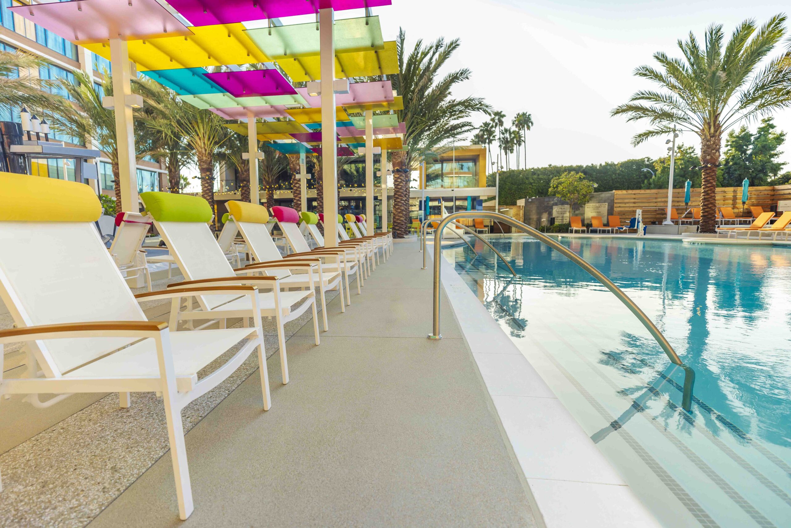The brand-new Palette Pool area, a nod to an artist’s paint palette, offers an inviting oasis that is perfect for relaxation and play at The Villas at Disneyland Hotel at the Disneyland Resort in Anaheim, Calif. (Christian Thompson/Disneyland Resort)