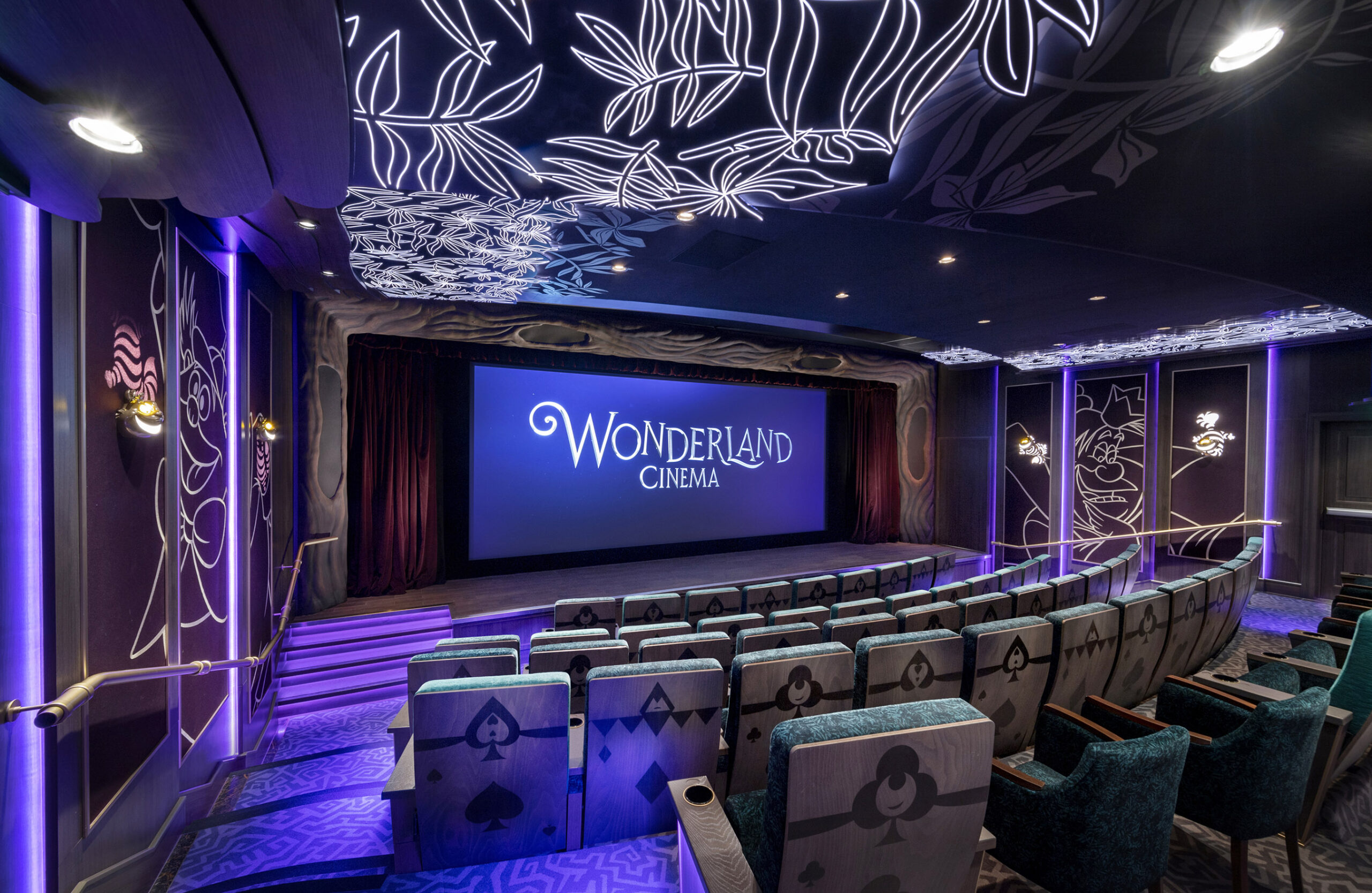 The Wonderland Cinema will be one of two intimate, luxe screening rooms onboard the Disney Treasure that elevate the onboard cinematic experience, featuring the latest visual and audio technology and offering more options than ever before for guests to watch first-run films from Disney, Pixar, Marvel, Lucasfilm and more. (Kent Phillips, photographer)