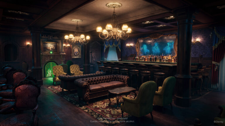Disney Cruise Line reveals the Haunted Mansion Parlor, an all-new bar inspired by the iconic Disney Parks attraction, The Haunted Mansion. Foolish mortals will sip spirited craft cocktails among happy haunts for the first time inside this new venue on board the Disney Treasure when it sets sail in December 2024. (Disney) ©Disney