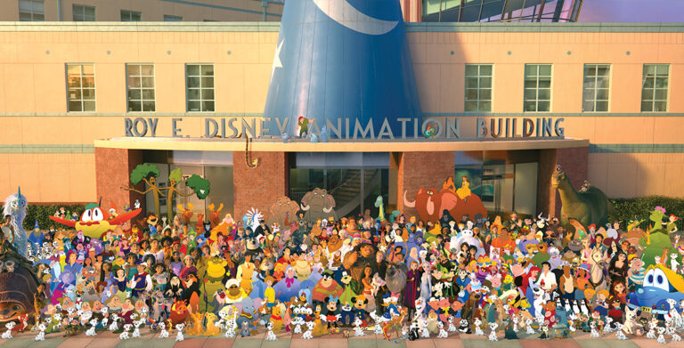 More than 500 animated characters gather for a group portrait in front of the Roy E. Disney Animation Building in Burbank, California.