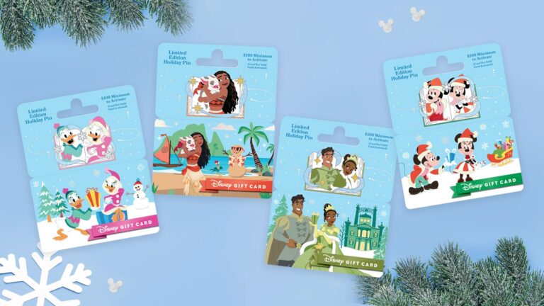 Disney Gift Card 2023 Holiday Pins Featuring Mickey Mouse, Minnie Mouse, Moana, Daisy Duck, Donald Duck, and Tiana Now Available