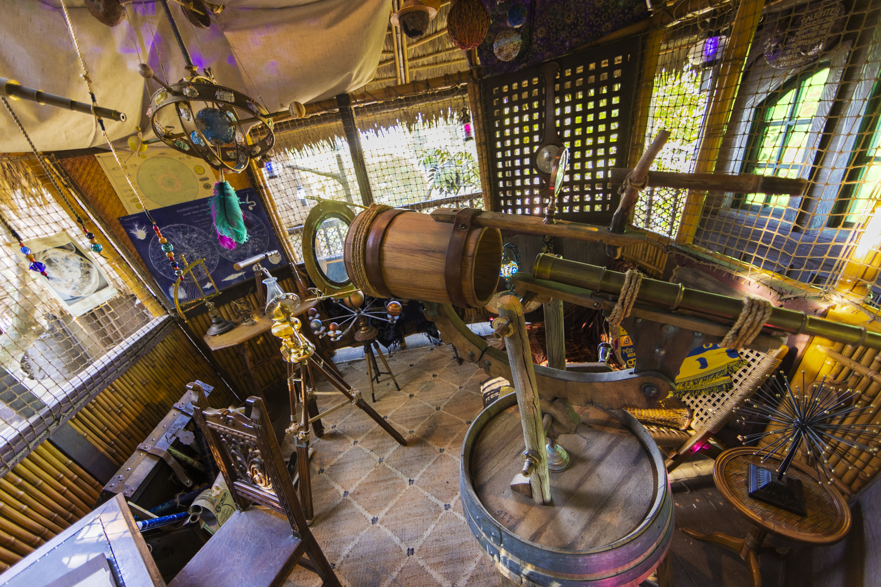 Paying tribute to the original treehouse that Walt Disney and his Imagineers built in 1962 for the movie “Swiss Family Robinson,” the Adventureland Treehouse inspired by Walt Disney’s Swiss Family Robinson will open in a fresh, new way Nov. 10, 2023, at Disneyland Park in Anaheim, Calif. The daughter’s astronomer’s loft reflects her affinity for tracking stars, planets and comets with her many telescopes. (Christian Thompson/Disneyland Resort)