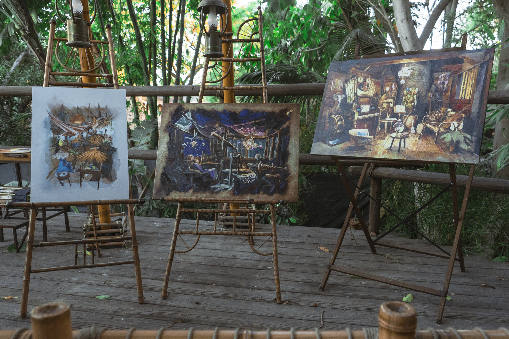 Paying tribute to the original treehouse that Walt Disney and his Imagineers built in 1962 for the movie “Swiss Family Robinson,” the Adventureland Treehouse inspired by Walt Disney’s Swiss Family Robinson will open in a fresh, new way Nov. 10, 2023, at Disneyland Park in Anaheim, Calif. On the ground floor, the father’s art studio that will display hand-drawn sketches and paintings of each of the rooms in the boughs above. (Christian Thompson/Disneyland Resort)