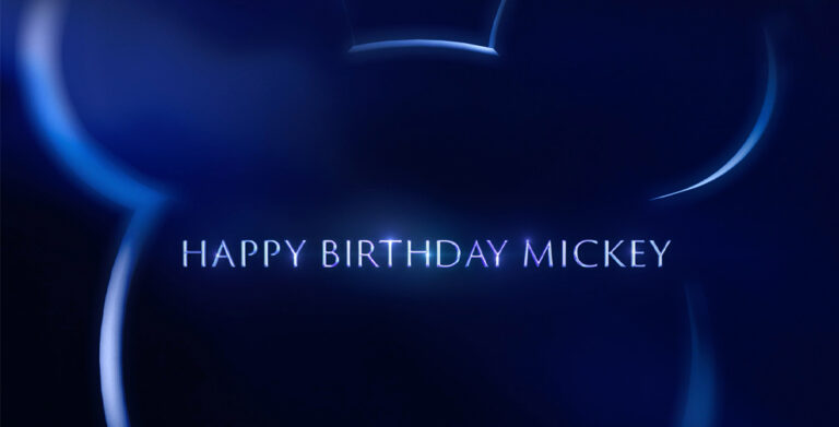 : The phrase "Happy Birthday Mickey" is written in all white letters and centered against a blue background. A light blue silhouette of Mickey Mouse