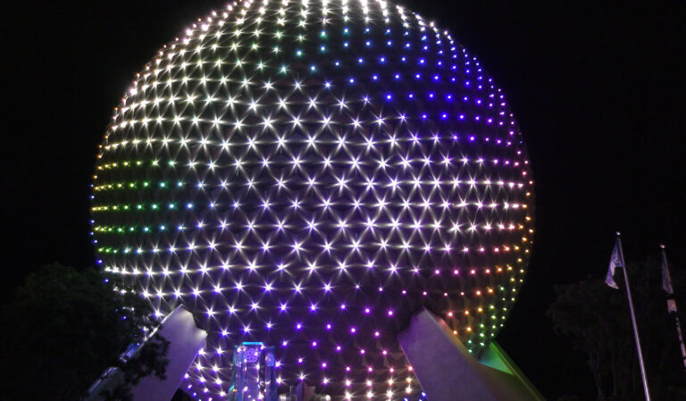 Epcot Holidays: Spaceship Earth Light Show featuring "When We're Together" from Frozen.